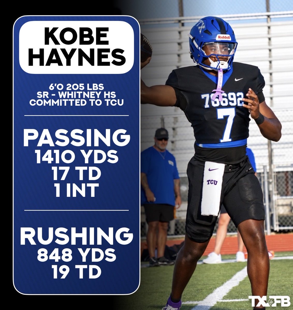txfblife's tweet photo. Absolutely wild, 3-star TCU commit Kobe Haynes has 2,258 total yards and 36 TDs through just FIVE games 🤯 https://t.co/uFcnQFLjLd