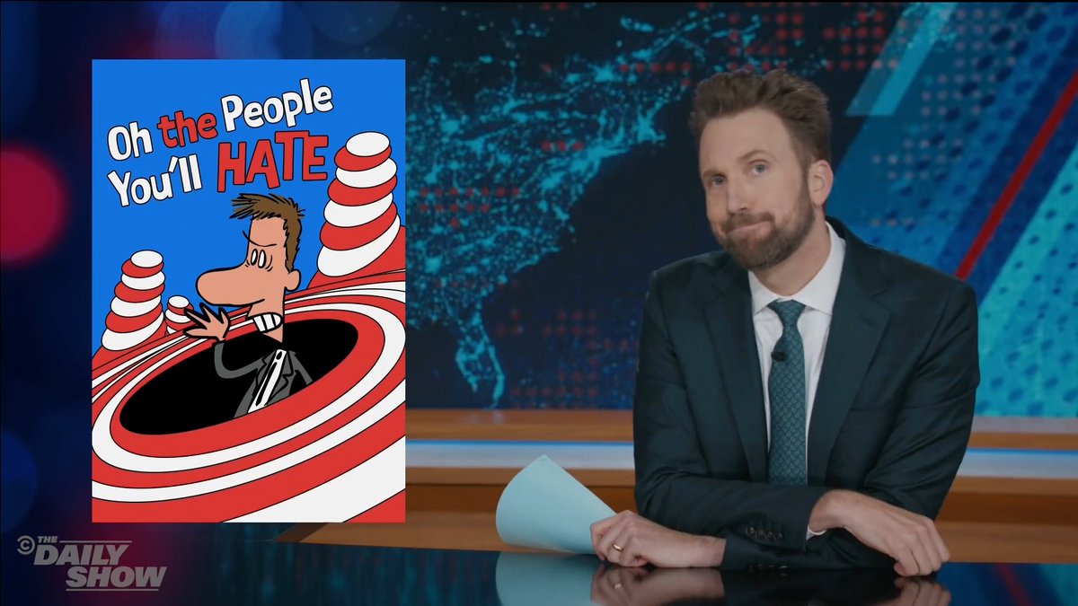 A bearded host in a suit sits at The Daily Show news desk beside a Dr. Seuss-style graphic reading "Oh the People You'll HATE," visually echoing the satirical reference to Pete Hegseth's proposed religious and physical standards for the U.S. military that exclude "fatties, beardos, wimps, and weirdos."