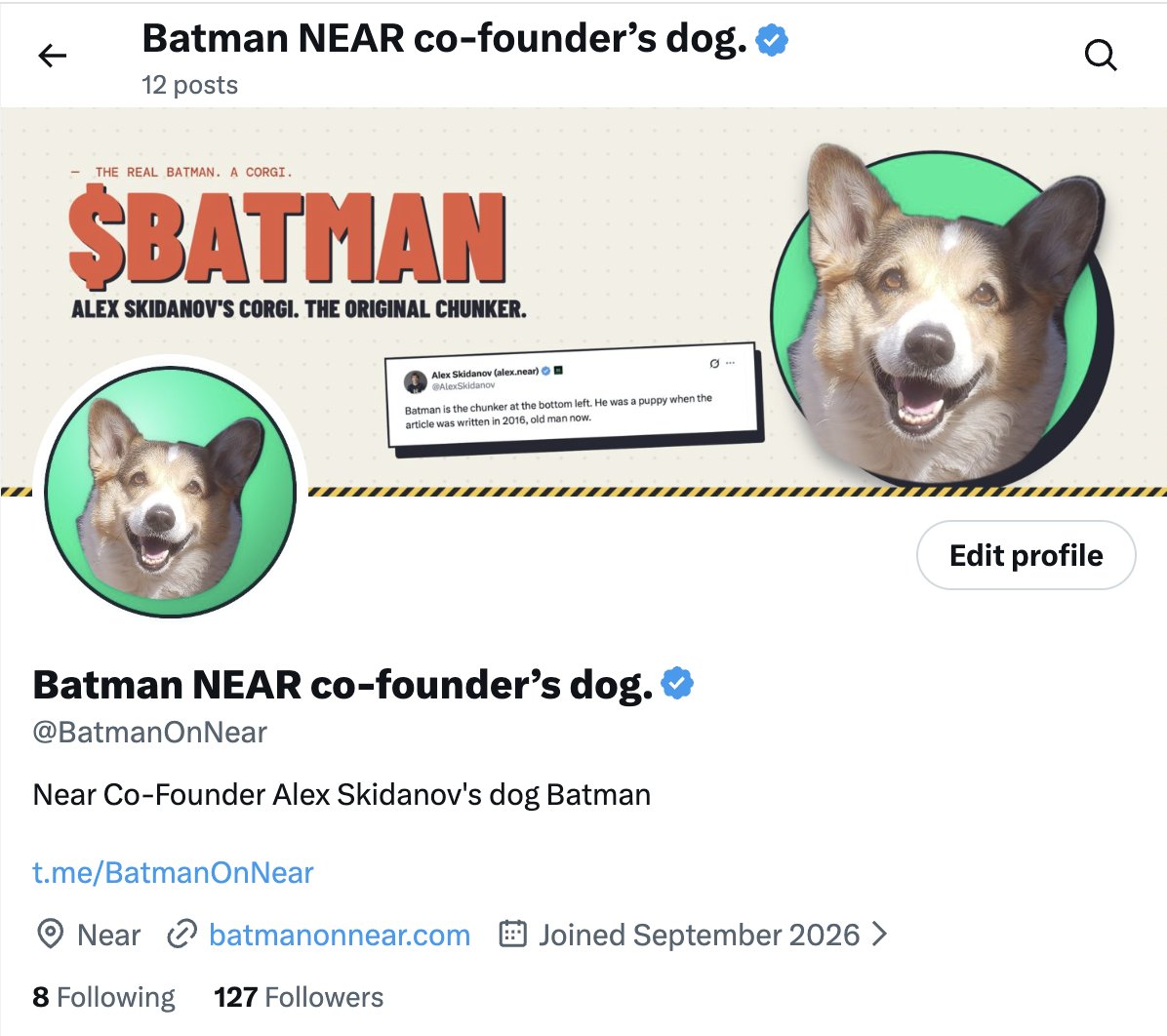 BatmanOnNear's tweet photo. 🦇🐾 BATMAN is now verified on X! ✅

The corgi has his checkmark. The memes continue.

Follow us: https://t.co/AZGJZKD1hf https://t.co/LQD6xZdQ1v
