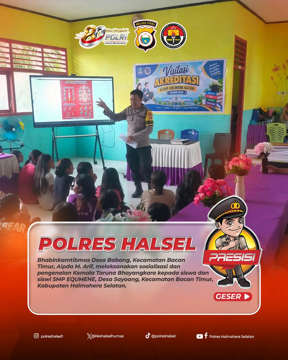 Reshalselhumas's tweet photo. KENALKAN KEMALA TARUNA BHAYANGKARA KEPADA PELAJAR

Bhabinkamtibmas Desa Babang, Kecamatan Bacan Timur, Aipda M. Arif, melaksanakan sosialisasi dan pengenalan Kemala Taruna Bhayangkara kepada siswa dan siswi SMP EQUMENE, Desa Sayoang, Kecamatan Bacan Timur, Kabupaten Halsel https://t.co/V1W1HLyGAa