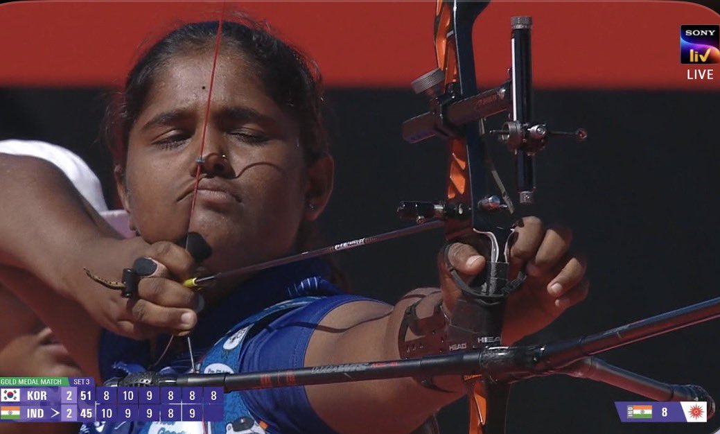 TheKhelIndia's tweet photo. HUGE APPRECIATION FOR KUMKUM! 🔥

India needed a 10 with the final shot to win it …….and Kumkum delivered a PERFECT 10 for India!!!!!!!

She was incredibly consistent throughout the Final, producing multiple 10s when India needed them most.

She played a massive role in helping India win GOLD in the Women’s Team Recurve final against South Korea! 🇮🇳🥇

WHAT A CLUTCH PLAYER!!!!! 🔥🔥🔥