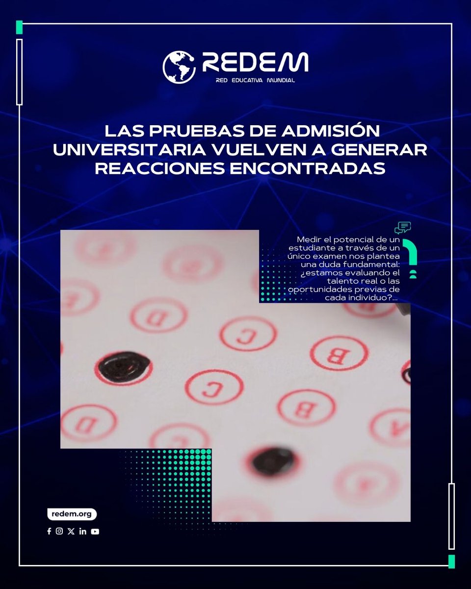 REDEM's tweet photo. Las pruebas estandarizadas admisión universitaria reavivan el debate global sobre su capacidad para medir objetivamente el talento frente al riesgo de perpetuar desigualdades socioeconómicas
Conoce más aquí:👇
https://t.co/lV2F17gAMo
#EquidadEducativa #REDEM #PolíticaEducativa https://t.co/jCmgEhZR2G