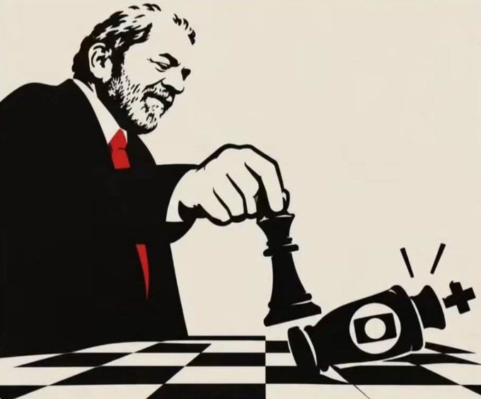 A black and white cartoon graphic with a red tie and black show of a man moving a king chess piece to capture a fallen black king wearing an Instagram logo.