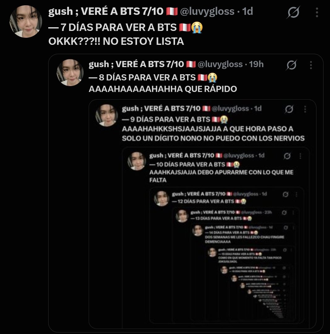 luvygloss's tweet photo. — 6 DÍAS PARA VER A BTS 🇵🇪😭
NO ME VAN A QUITAR LA ILUSIÓN CRJ YA QUEDA POCO Y AUNQ HOY NO HAYA SIDO BUENO MAÑANA SERA OTRO DIA MENOS💔💔💔🗣💪 https://t.co/tqePhZPbZh