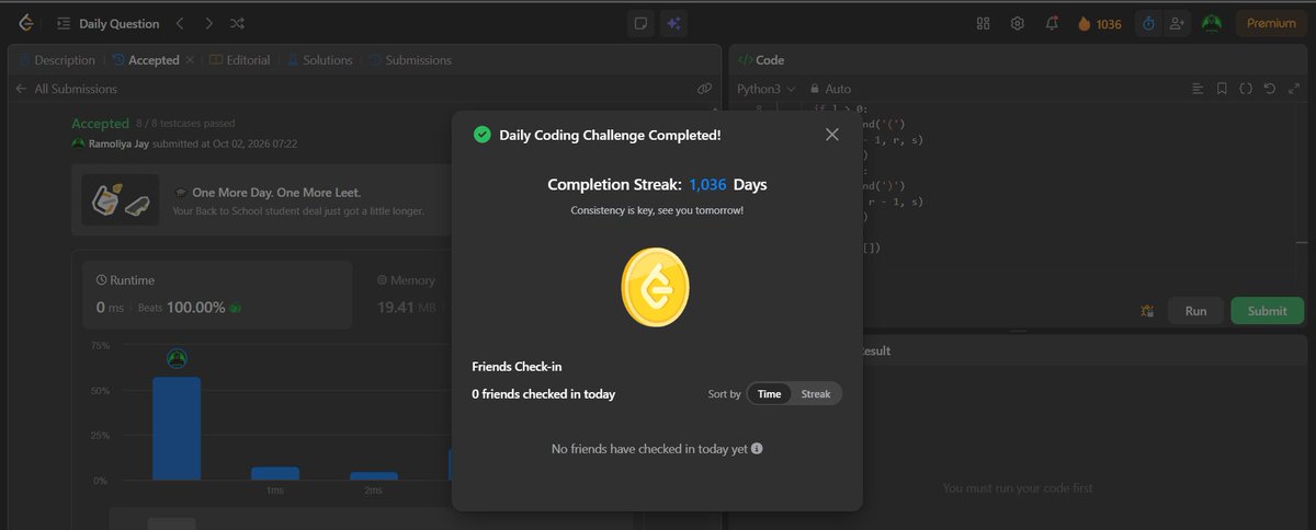 JayRamoliya133's tweet photo. 1,036 Days of Daily Coding!
Today I completed another Daily Coding Challenge with 8/8 test cases passed. ✅
The biggest lesson from this journey is simple:
Consistency beats motivation.
Keep learning. Keep solving. Keep building. 💻
#Coding #LeetCode #1000DaysOfCode https://t.co/QFlrrwG7GJ