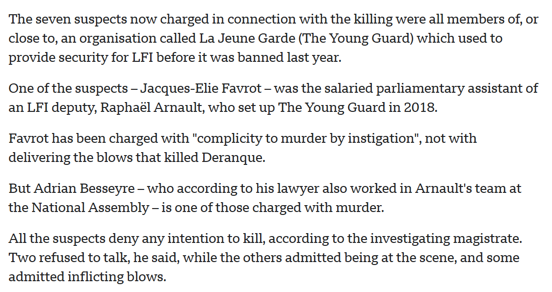 skepticaliblog's tweet photo. Earlier this year, members of an offshoot of the far-left LFI were involved in beating a man to death at a small university protest in Lyons

One of the men arrested was employed as an assistant to a militant LFI Member of Parliament https://t.co/YEwf9lTmhZ