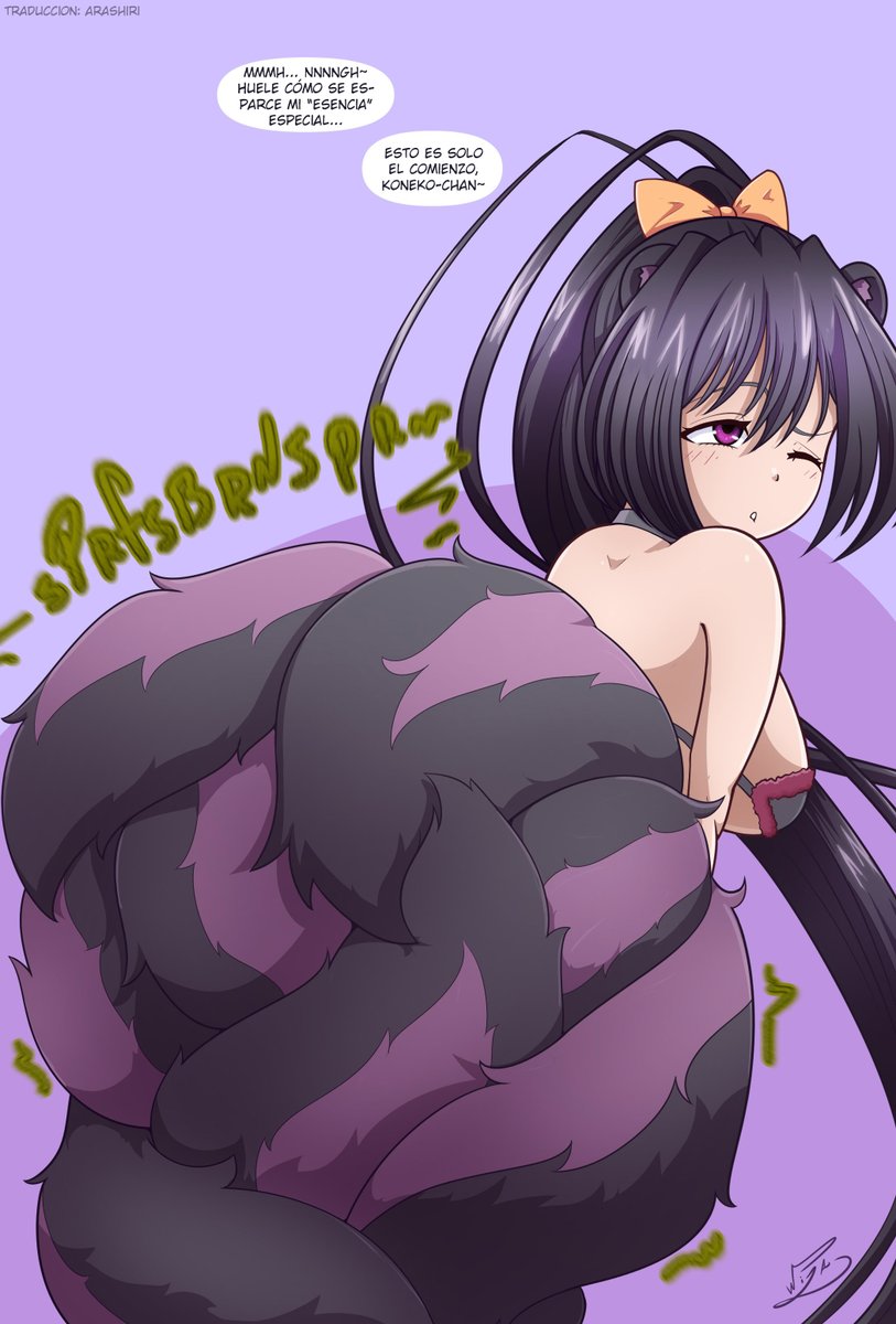 Arashiri8's tweet photo. Akeno en modo mofeta le muestra su bikini a Koneko y apega su cara al trasero de ella para soltarle potentes pedos. 
Traducido al español por Arashiri.
Artista original: @KemonoWizard
#Arashiri #Fartart #Fartfetish #facefart #Skunkgirl https://t.co/eW0G994q1e