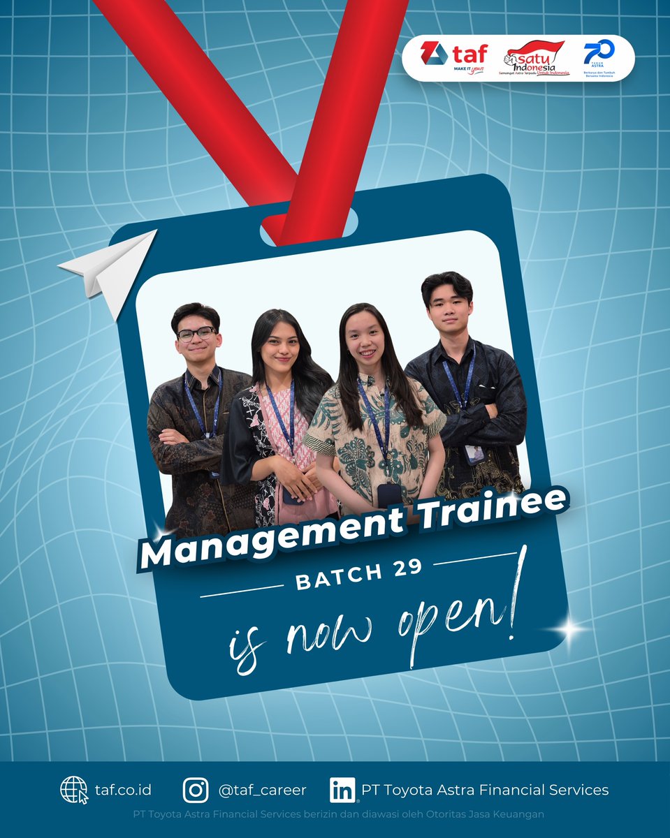 bisakerja_id's tweet photo. PT Toyota Astra Financial Service lagi buka MT!

Ready to learn, grow, and make an impact with TAF?
Your journey starts today. Apply now!
🔗https://t.co/aM5ciab4Im https://t.co/EjK6zLAVym