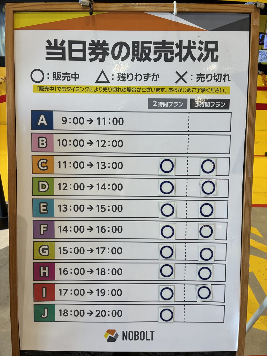 NOBOLT_TAITO's tweet photo. おはようございます☀
本日10/2(金)の販売状況です。

バードグライダーは終日運行予定です。
皆様のご来館お待ちしています✨

#ノボルト https://t.co/r9hoSVb8ih