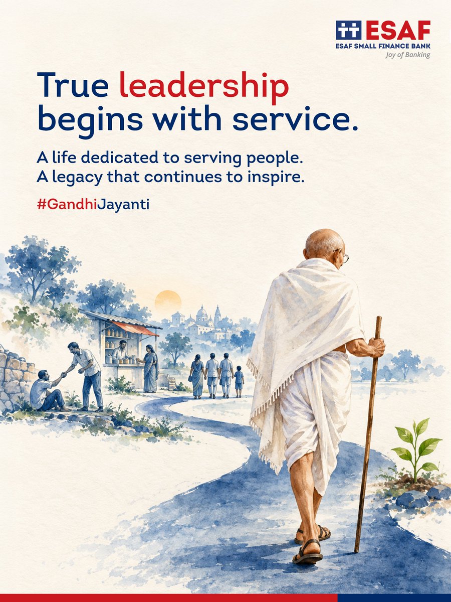 ESAFBank's tweet photo. At ESAF Small Finance Bank, we believe that true leadership begins with service. 

This Gandhi Jayanti, we remember a leader whose life continues to inspire us to serve with purpose, humility and compassion.

#GandhiJayanti #ServantLeadership #ESAFBank https://t.co/8jS1kaUm5O