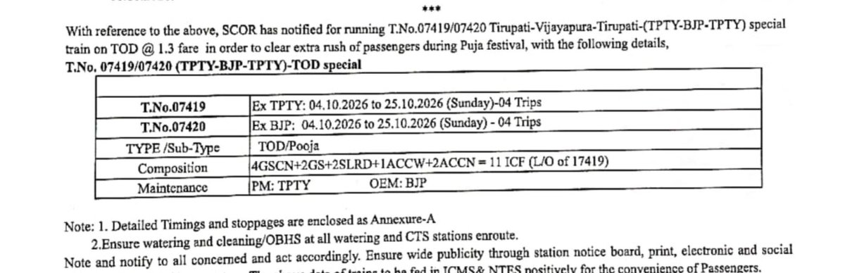 GadagRailUsers's tweet photo. We are requesting to @SCoRAILWAYVSKP @SWRRLY please change TT of this special train form TPTY: 18.00
           BJP: 7.00

  &amp;   from BJP: 15.00
                  TPTY:4.00
 very feasible  time to all passengers @drmgtl @drmubl https://t.co/JTsuDaXJ9H
