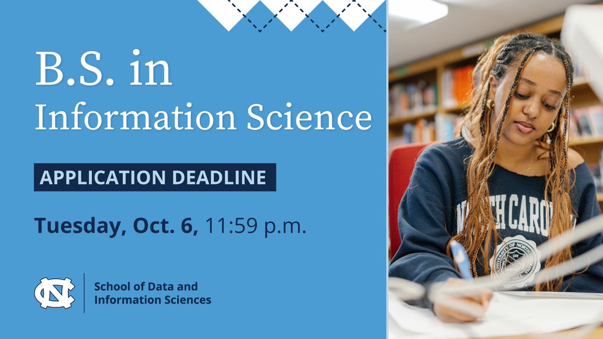 uncsdis's tweet photo. β° Carolina students: Applications for the B.S. in Information Science are due Oct. 6!
Interested in tech, people and problem-solving? π Learn more about the program and apply: https://t.co/7LfITh3stt
#UNCSDIS #InformationScience https://t.co/TA725RYU8X