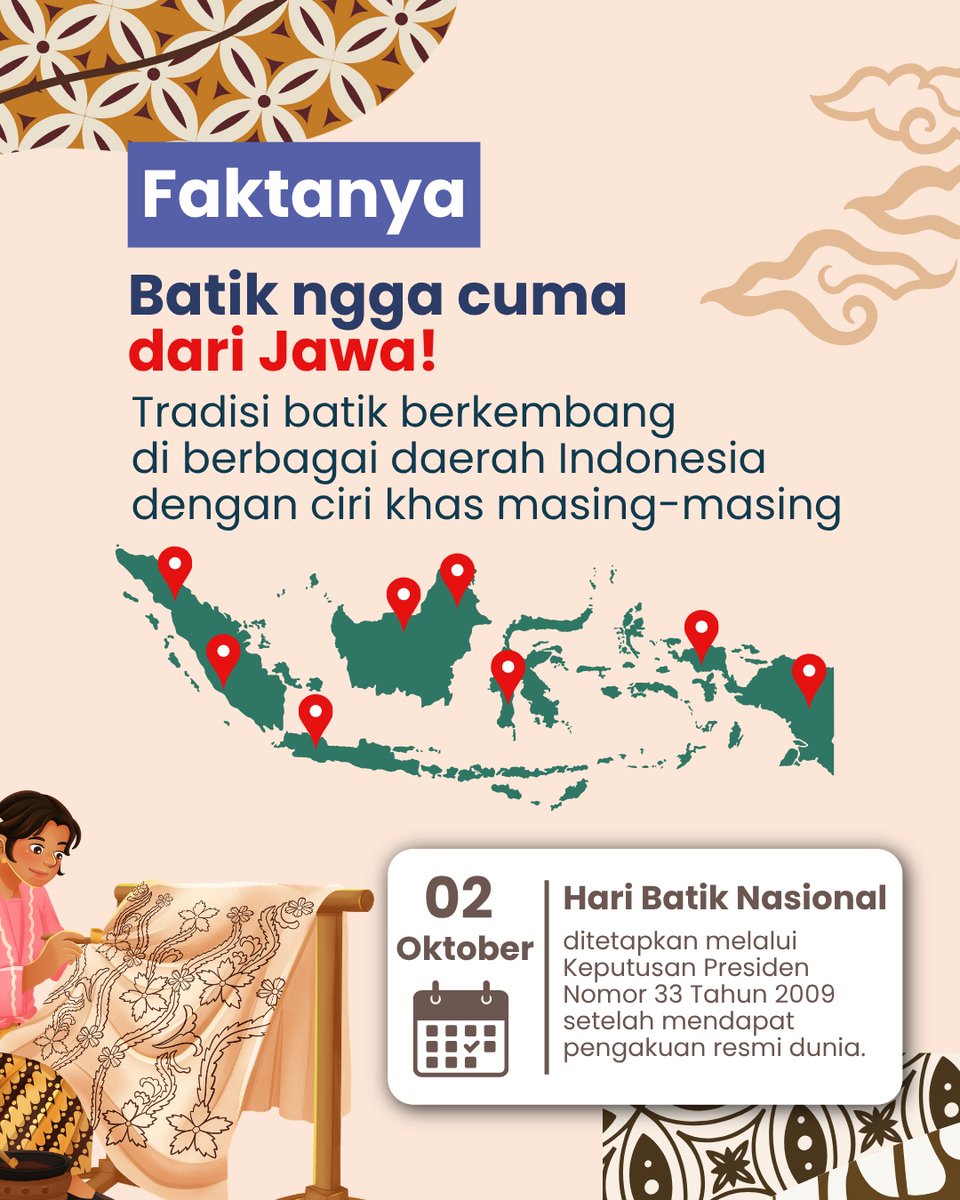 sukoharjo_kab's tweet photo. Dulur Makmur, 

Selamat Hari Batik Nasional 2026! 🧵🇮🇩
Dari setiap motif, tersimpan cerita.
Dari setiap goresan, lahir sebuah warisan.
Bangga Berbatik, Bangga Menjadi Indonesia. Ayo kita lestarikan batik, hari ini dan untuk generasi mendatang.

#HariBatik 
#Haribatik2026 https://t.co/0wWG1YDyNm