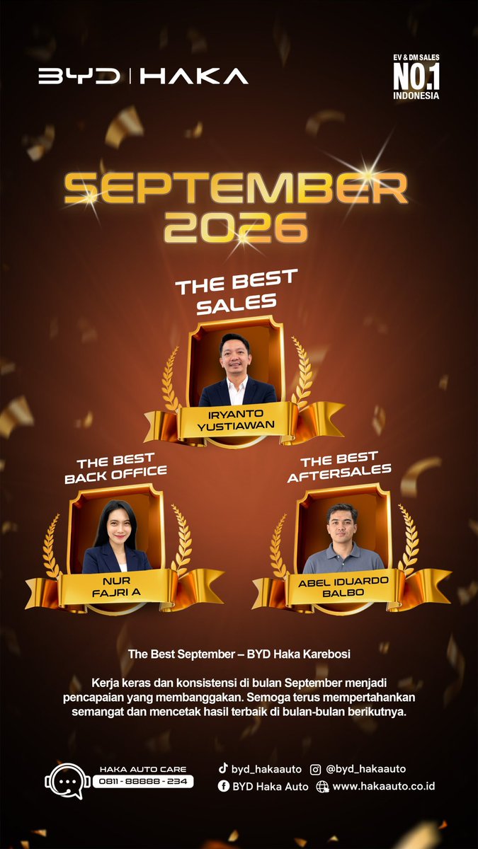 bydhakakarebosi's tweet photo. 🏆 **THE BEST SEPTEMBER – BYD HAKA KAREBOSI** 🏆

Apresiasi setinggi-tingginya untuk insan terbaik BYD Haka Karebosi atas dedikasi dan kinerja luar biasa sepanjang September 2026! 👏🔥

#BYDHakaKarebosi #BYDHAKA #TheBestSeptember https://t.co/WG9mv62T49