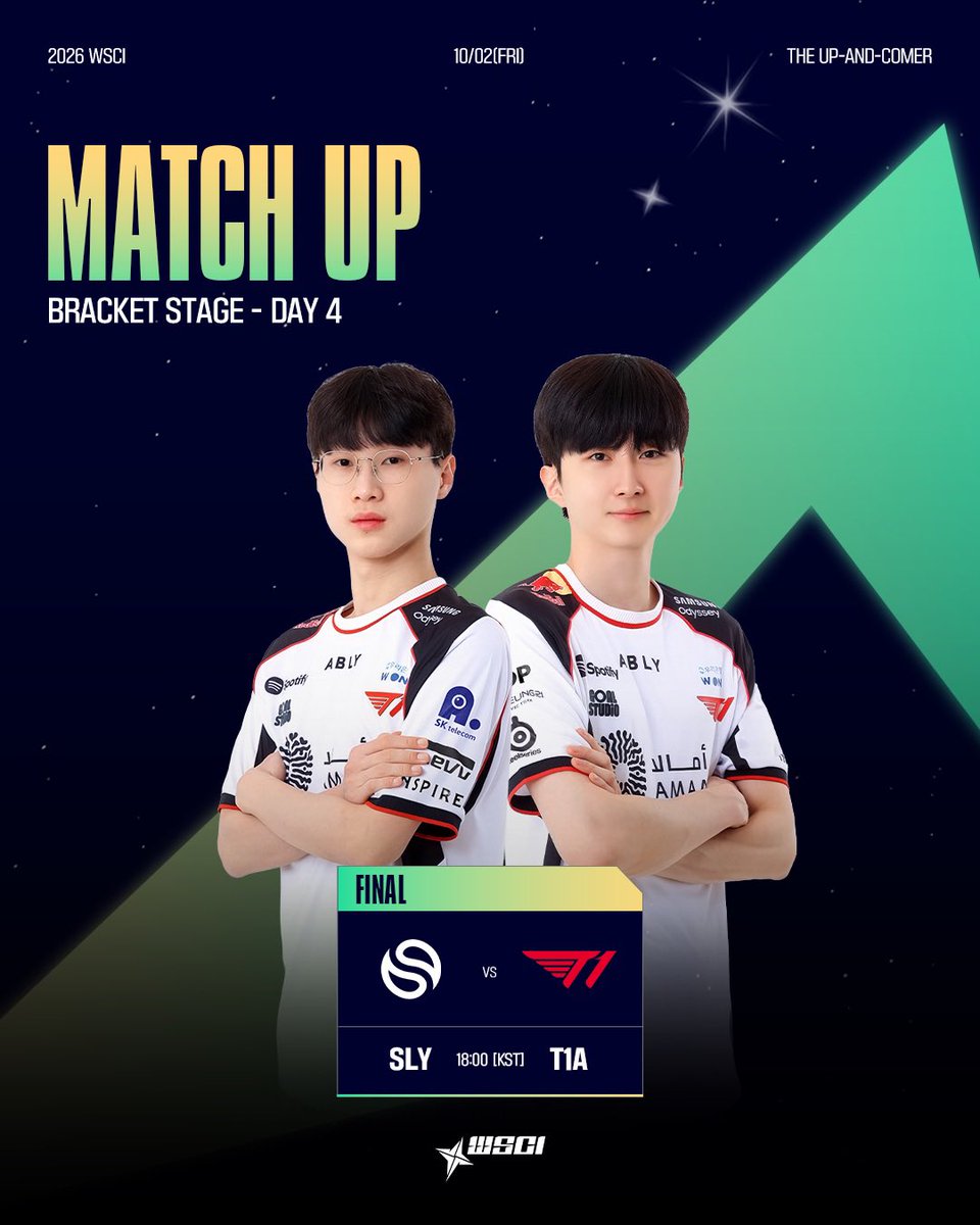 lck_cl's tweet photo. [2026 WSCI] 10/2(금) 매치업

오늘, WSCI의 마지막 무대가 펼쳐집니다👏
Bracket Stage Day 4 매치업을 확인하세요!💡

Final. 18:00 [KST] SLY vs T1A

📺 Broadcast Info
[KOR] 
SOOP https://t.co/YNWxoGPz8z
치지직 https://t.co/s5jN2AUoGv

#LCKCL #ChallengeToTheTop #RiseToLegend #2026WSCI #TheUpAndComer