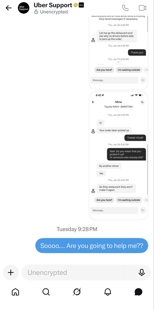 MerrittsofLife's tweet photo. I had driver steal my @UberEats order back in January and @Uber_Support was useless. Recently I commented on a post of someone dealing with a similar situation and Uber Support ended up in my DMs “saying” they would help, but when I asked if it was AI they stopped responding 🤣 https://t.co/WTXAx75351