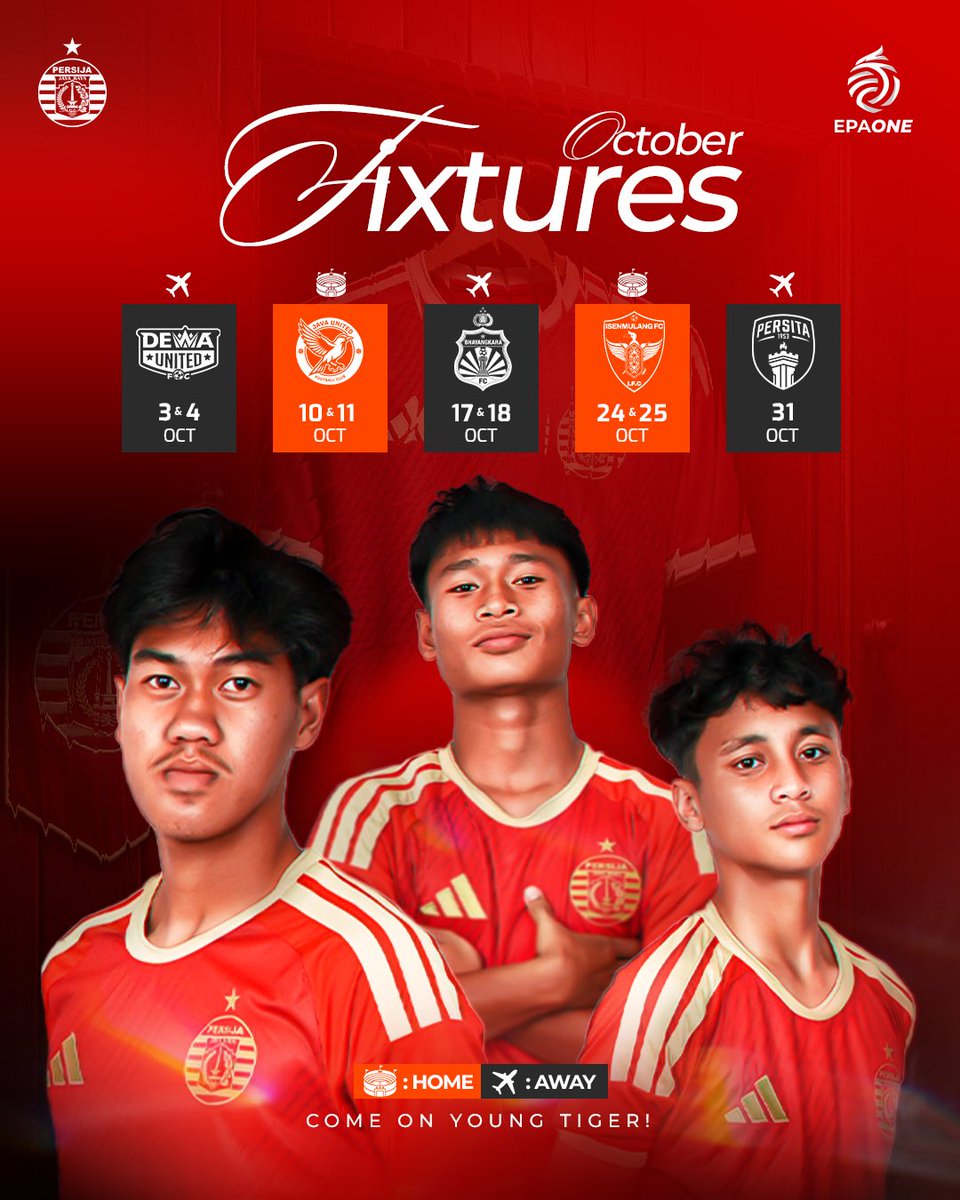 Persija_Jkt's tweet photo. 𝐎𝐜𝐭𝐨𝐛𝐞𝐫 𝐢𝐬 𝐠𝐚𝐦𝐞 𝐭𝐢𝐦𝐞. 🐯🔥

Let’s make every moment count, Young Tigers! 

#EPAOne #EliteProAcademy #Persija https://t.co/Cr8ZniJ6j8