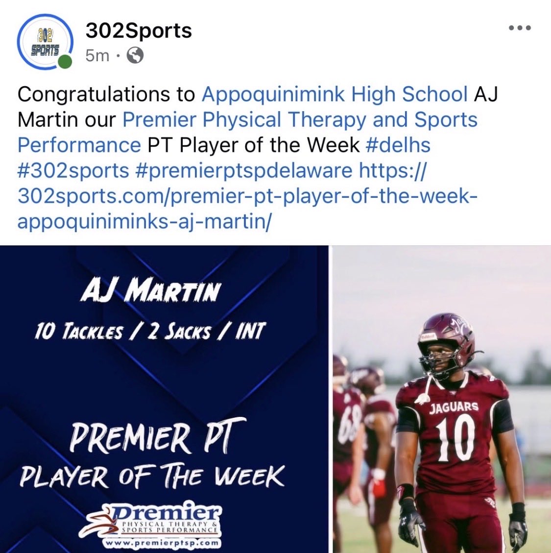 AjMartin2027's tweet photo. What a blessing 🙏🏾 it is to receive the PREMIER PHYSICAL THERAPY Player of the week.   @AppoFootball @CoachTMorg https://t.co/9btoT7EDmx