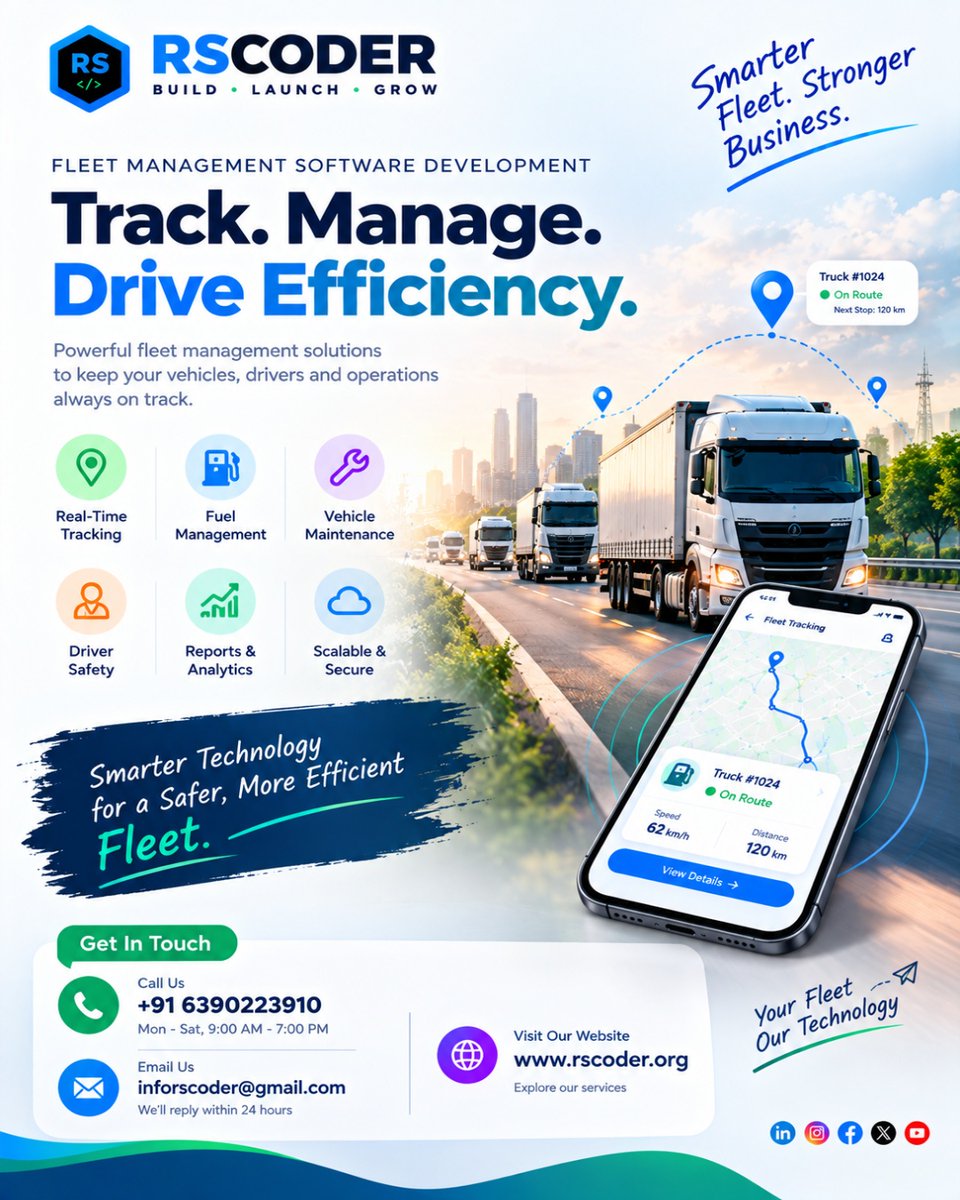 Rscoder8's tweet photo. 🚛 Fleet Management Software Development

📍 Real-Time Tracking
⛽ Fuel Management
🔧 Maintenance
🛡️ Driver Safety
📊 Analytics

🌐 https://t.co/H4Sp5Svecz
📞 +91 6390223910

#FleetManagement #FleetSoftware #FleetTracking #Logistics #Telematics #SoftwareDevelopment #RSCoder https://t.co/XWuDvuAEtL