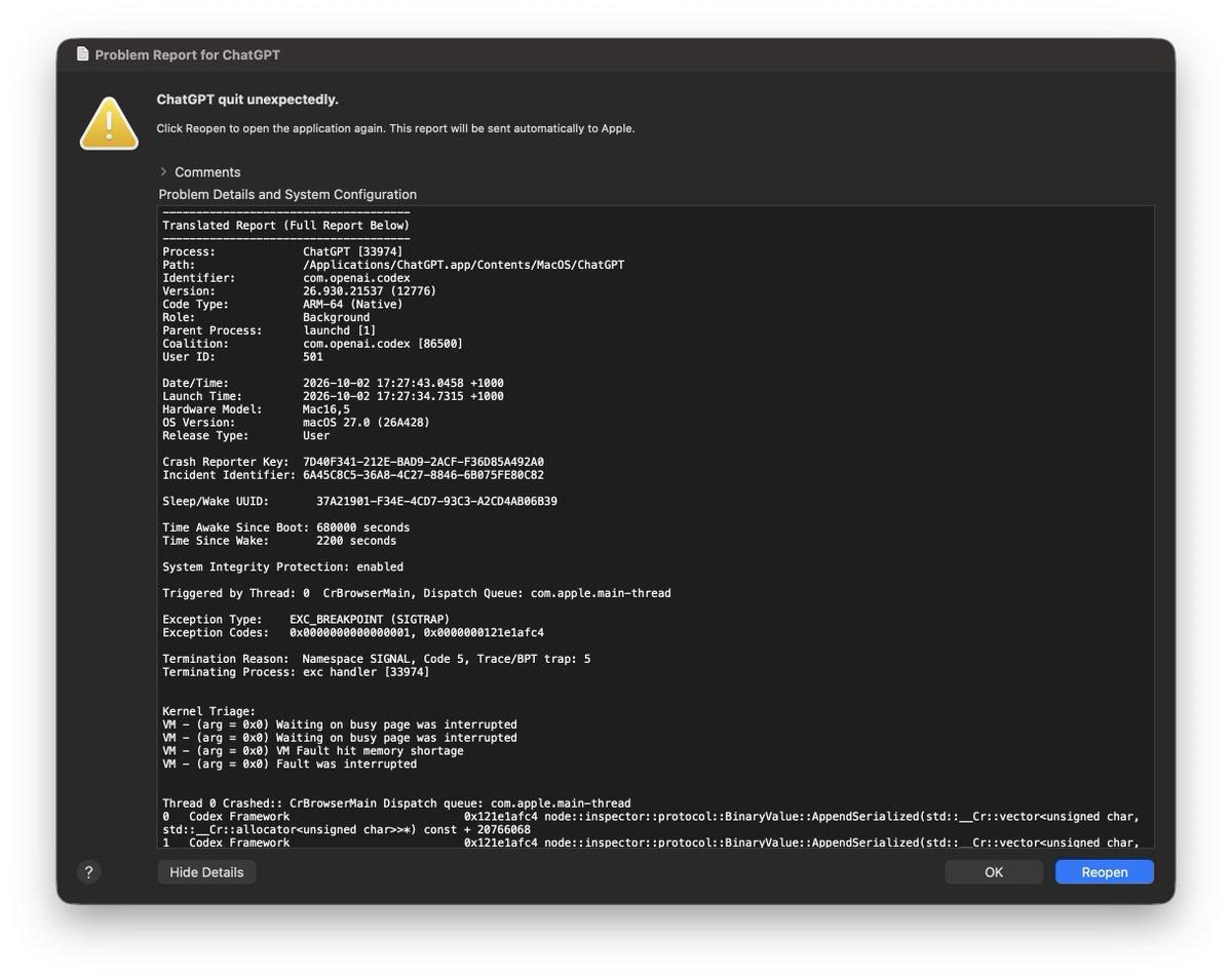 _VincentPeng's tweet photo. @thsottiaux Updated my Codex app today and always crashing on launch... https://t.co/GlbGRPlqVf