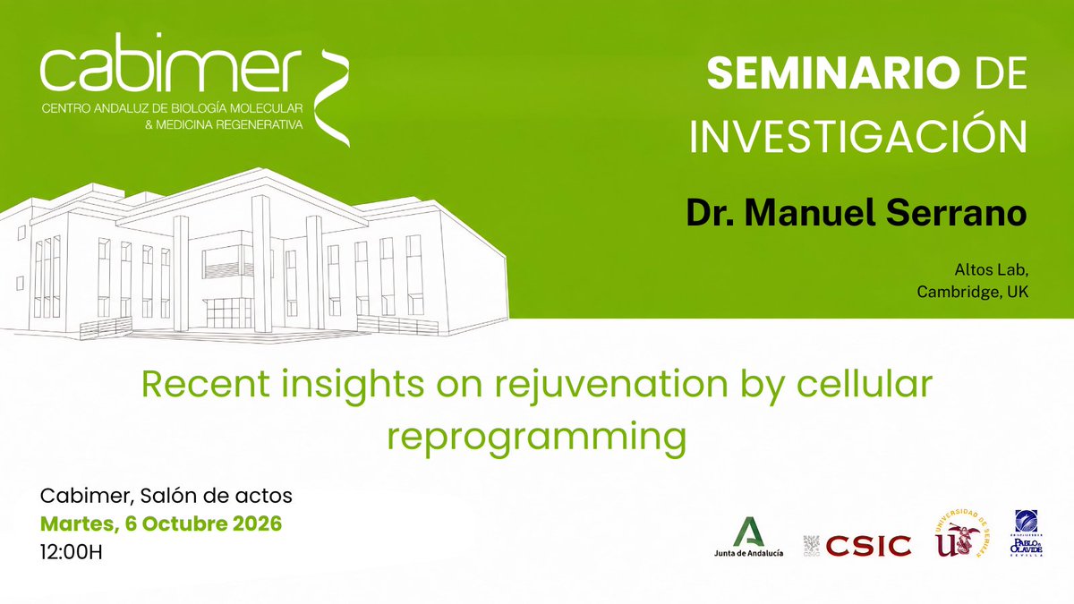 cabimer's tweet photo. 🔬 Nuevo Seminario de Investigación en CABIMER, ¡esta vez en martes!

Recibimos al Dr. Manuel Serrano, de @altos_labs (Cambridge, UK), con la charla:

Recent insights on rejuvenation by cellular reprogramming

📍 Salón de actos
📅 Martes, 6 octubre 2026
🕛 12:00 h https://t.co/3tjAxaTHlz