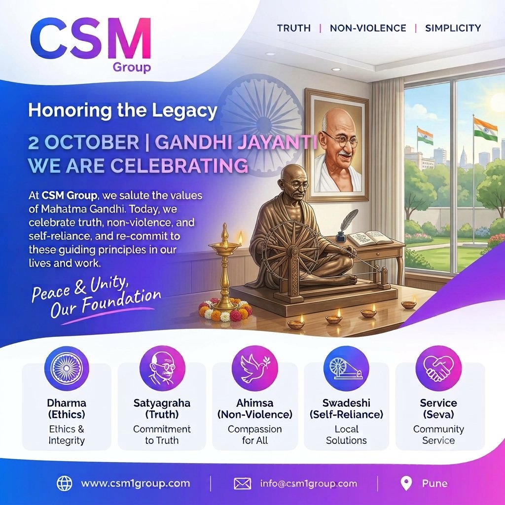 CsmGroup001's tweet photo. 🕊️🇮🇳 Honoring the Legacy | Gandhi Jayanti – 2 October
✨ Peace &amp; Unity, Our Foundation.

📍 Pune | 🌐 https://t.co/qLgE9essE2 | 📧 info@csm1group.com

#GandhiJayanti #2October #MahatmaGandhi #Peace #Unity #CSMGroup https://t.co/tAhIFISd6n