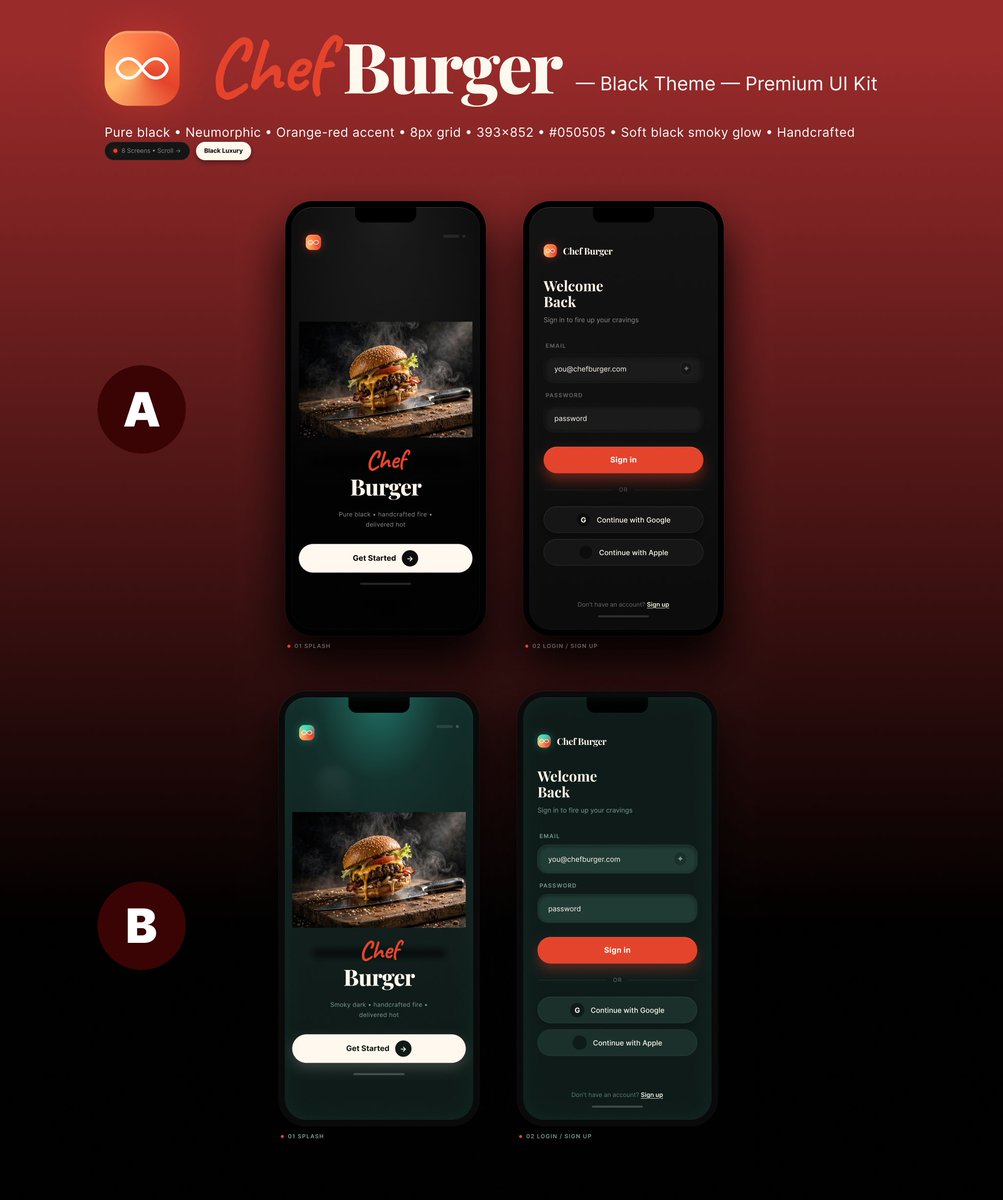 danii_sultan's tweet photo. Chef Burger UI Kit: A vs B 🍔
Pure Black or Smoky Green?

Tell me which one you'd pick, and why. 

Open to all feedback! 💬
#UIDesign #AppDesign #UXDesign #FigmaDesign #MobileUI #DesignFeedback https://t.co/XexNbwsOou