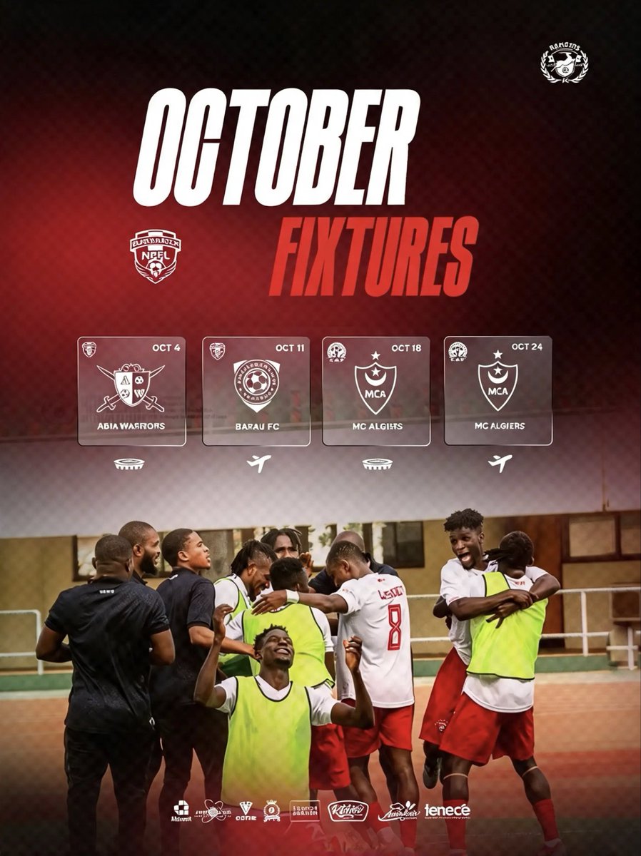 Rangers_Intl's tweet photo. OCTOBER FIXTURES | A Crucial Month Ahead 🗓️🔴⚪️
Big matches on the horizon in both the NPFL and CAF Champions League!
⚽️ Oct 4: vs Abia Warriors (H)
⚽️ Oct 11: @ Barau FC (A)
⚽️ Oct 18: vs MC Algiers (H)
⚽️ Oct 24: @ MC Algiers (A)
Ready for the challenge 💪
🔴⚪️ #UpRangers #NPFL27 #CAFCL #Rangersintl