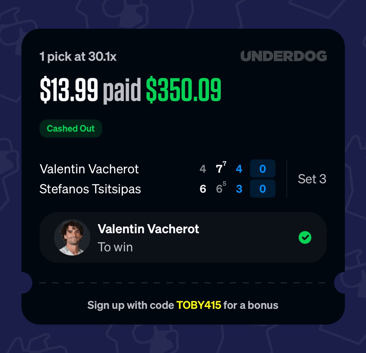 TobyPickss's tweet photo. ‼️VIP 0.15U Live Play (-30.1x)‼️

Valentin Vacherot ML 🎾

Cashed VIP Play✅✅✅✅

This was a insane read come get in VIP👍

Follow @TobyPickss 

All picks posted✅

#ift #atp #tennis #ML #live #underdog https://t.co/n14j0faGrz