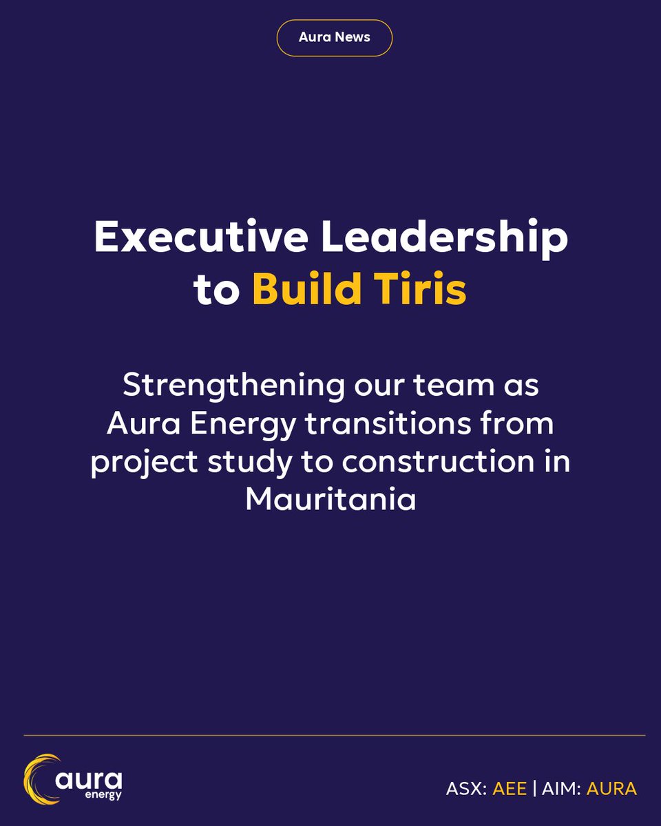 aee_auraenergy's tweet photo. Aura Energy appoints John Carr as President, Spencer Davey as CFO, and Jeremy Carter as CSO to lead Tiris into construction. With the Bankable Feasibility Study on track for mid-October and pilot plant commissioning set for November, Tiris continues its rapid advance toward production. #AuraEnergy #ASX $AEE