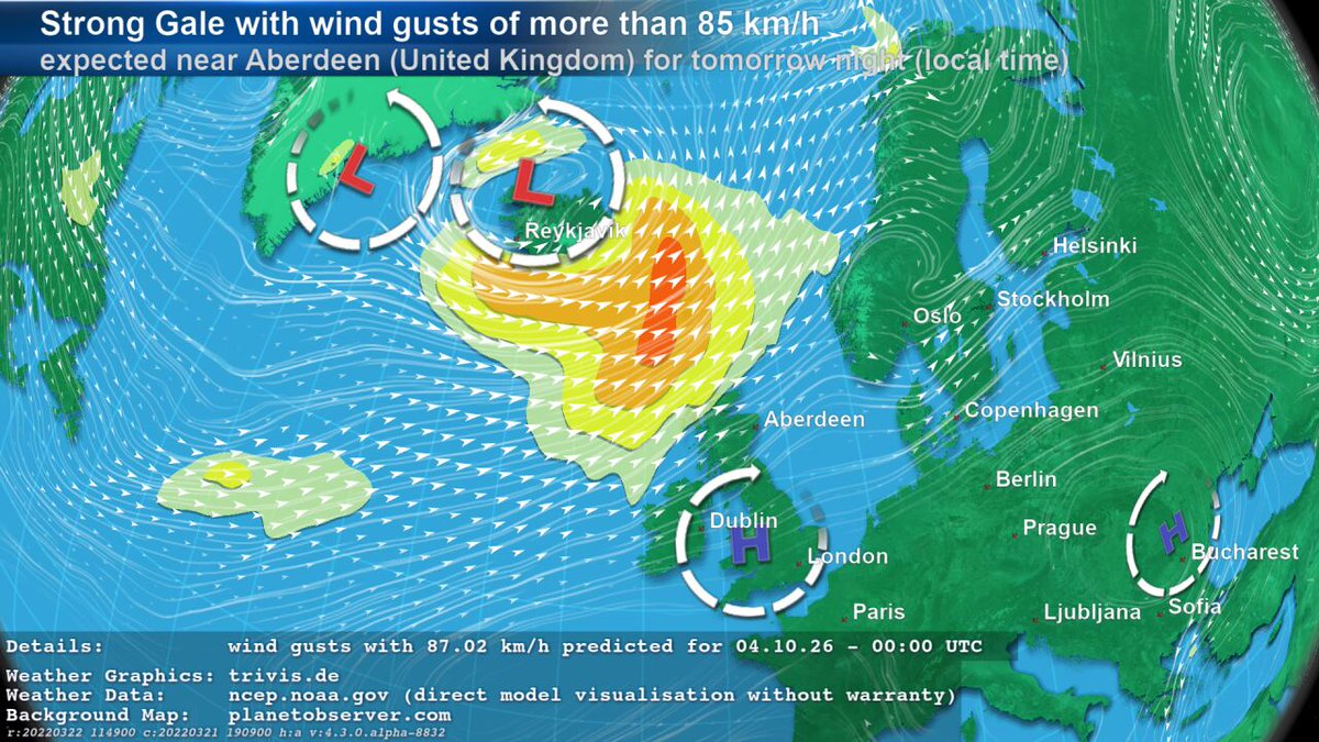 ASKMeteo's tweet photo. GFS data contains significant #weather #wetter of type "#StrongGale" with wind gusts of more than 85 km/h near #Aberdeen (#UnitedKingdom) for tomorrow night given in local time. The GFS forecast data predicts wind gusts with 87.0 km/h for 04.10.2026 - 00:00 UTC. https://t.co/muBYi0N2By