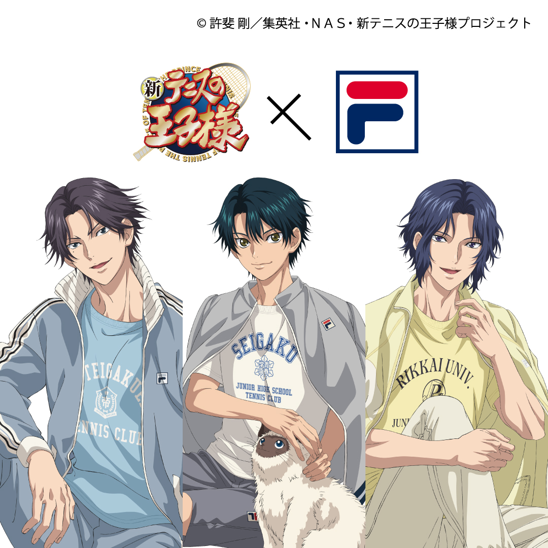 shintenianime's tweet photo. 【新商品情報】
アニメ『新テニスの王子様』×FILA
青学（せいがく）モデルが10/4(日)より発売！
購入特典は描きおろしイラストを使用したオリジナルフォトカードです。

詳細はこちら→https://t.co/VaLXZBGRVc

#テニプリ https://t.co/krr6opYMuu