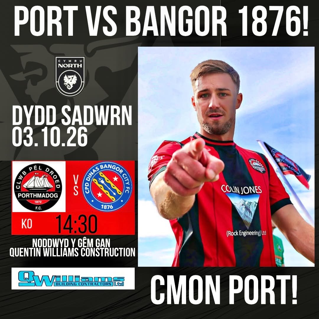 CPDPorthmadogFC's tweet photo. ** YFORY / TOMORROW **
CYNGHRAIR NOVIRA CYMRU NORTH LEAGUE
@CPDPorthmadogFC v CPD Dinas @BangorCity_1876 
03-10-2026
🏟 Y Traeth, LL49 9PP
⏰️ K.O.2.30pm
Dewch i gefnogi'r hogia!!
Come and support the lads!! 🔴⚫️ 
@CymruLeagues https://t.co/QKGsRnHUoO