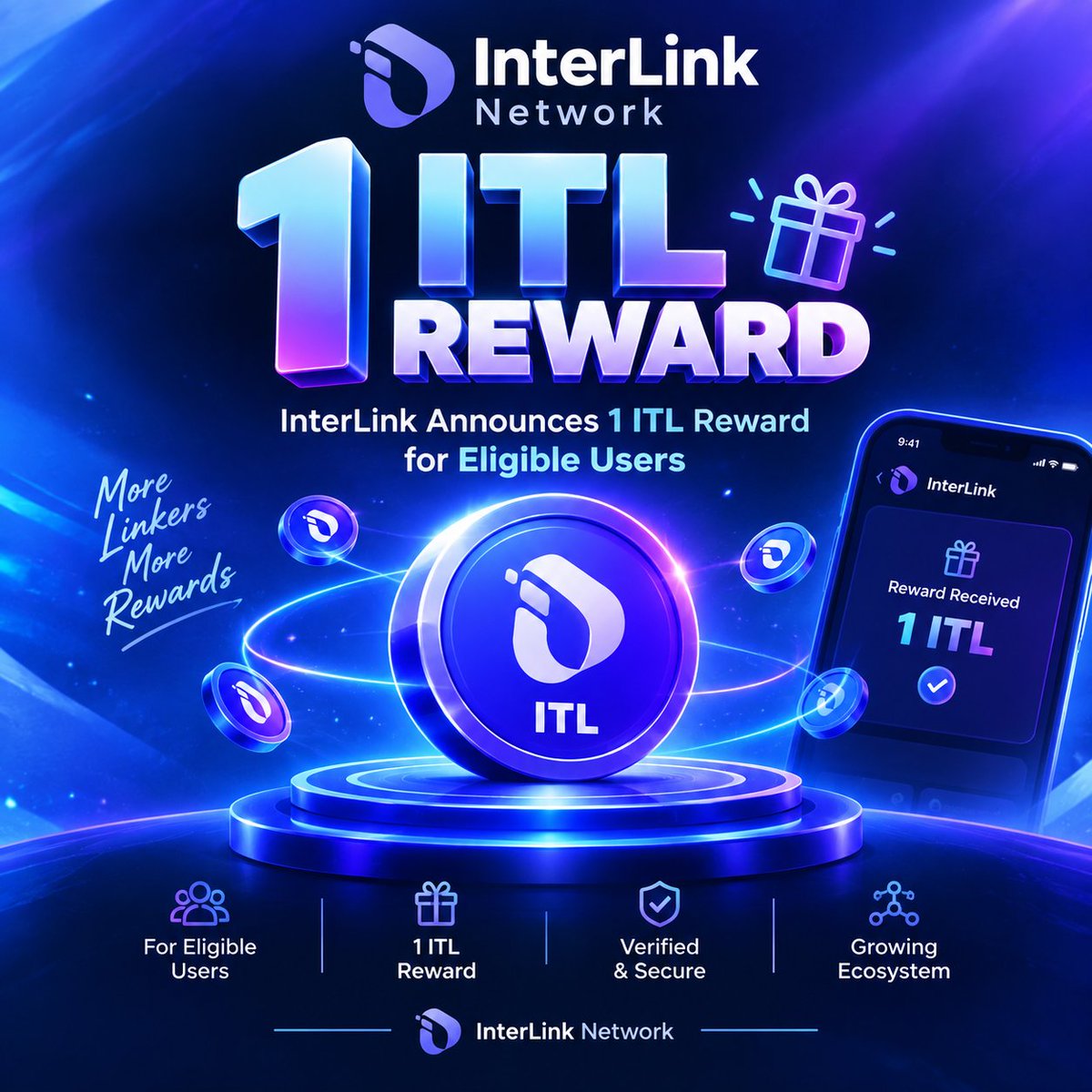 kanugula1984's tweet photo. 1 ITL Reward — Announced reward of 1 ITL for eligible users.#InterLink #ITLG #ITL #InterLink https://t.co/ljAcbG72A6