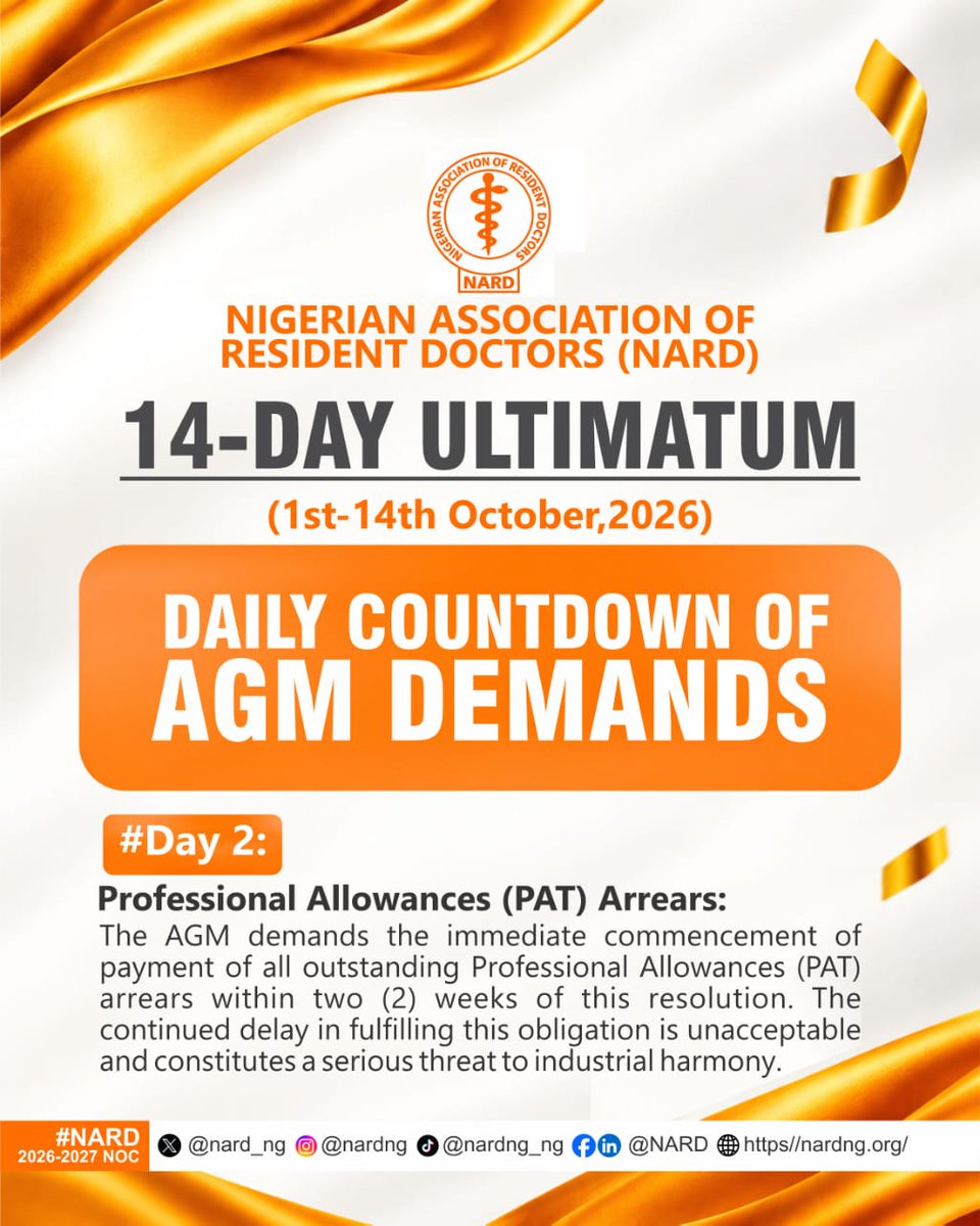 nard_nigeria's tweet photo. Day 2 of 14 | NARD ULTIMATUM COUNTDOWN  
​The continued withholding of outstanding Professional Allowances (PAT) arrears is unacceptable!!!! https://t.co/c7BDgJLBpA
