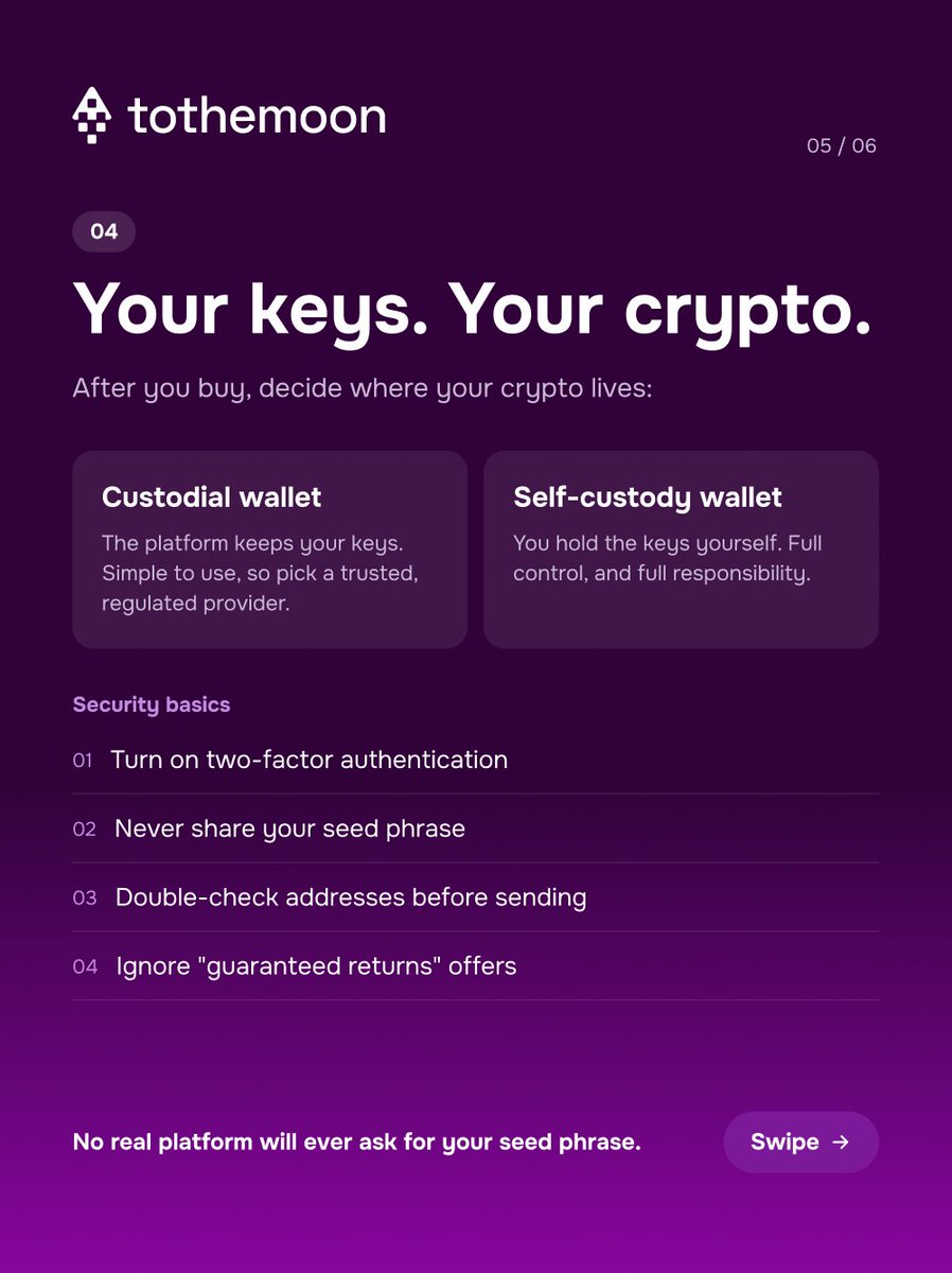 2themoon_global's tweet photo. Before your first crypto buy, check: risk, platform, options, security ๐
Start small. Stay secure.
Not financial advice.
#tothemoon #crypto #cryptoforbeginners #cryptotips https://t.co/PJnL4pEF88
