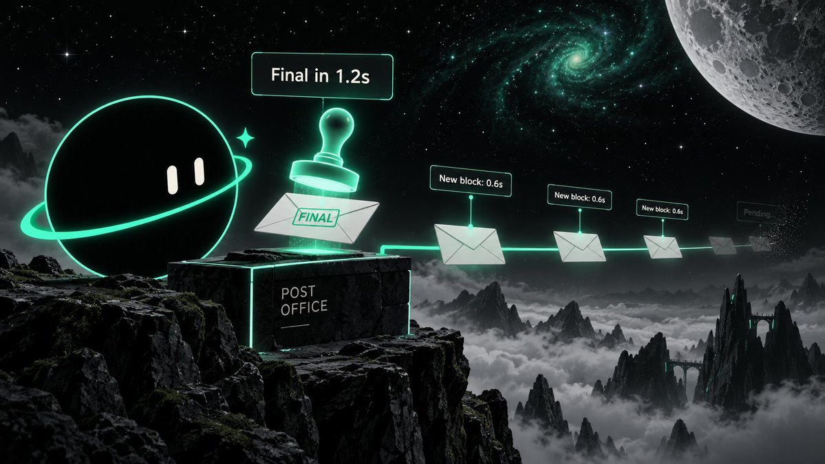 SingulartyNEAR's tweet photo. $NEAR finality is like a stamp at the post office. A new block lands every 0.6 seconds, and in about 1.2 seconds your transaction is final. Stamped. Done. No going back. No waiting for 6 confirmations, no "pending" stress. Pay, swap or send, and it is settled before you blink twice. 📮⏱️✅🔒⚡️source: https://t.co/JqTJXtEtJ8