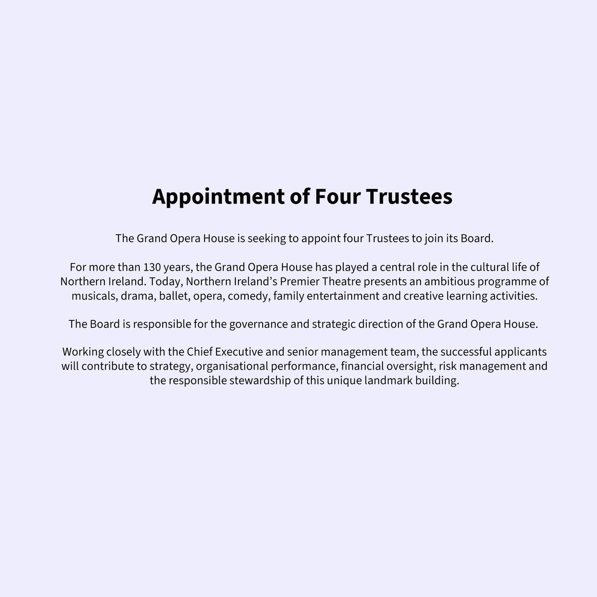 consulting_may's tweet photo. Non-Executive Trustees / Directors – Grand Opera House

May Consulting is supporting the appointment of new Trustees to help provide the governance, strategic direction and stewardship
.
https://t.co/vaQzIEz0JA https://t.co/h25Td48bBq