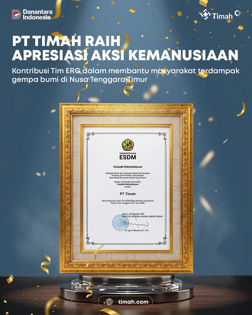 Official_TIMAH's tweet photo. PT TIMAH menerima apresiasi dari Kementerian ESDM atas kontribusi Tim Emergency Response Group (ERG) dalam aksi kemanusiaan bagi masyarakat terdampak gempa bumi di Nusa Tenggara Timur. https://t.co/eh07hiBIO8