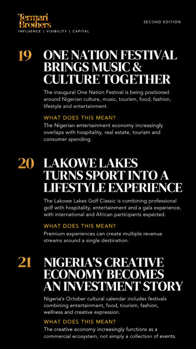TermariBrothers's tweet photo. 60 SECONDS AROUND AFRICA — SECOND EDITION 🌍

30 stories. 8 sectors. One snapshot of the forces shaping Africa’s business landscape.

Finance. Energy. Hospitality. Entertainment. Design. Real Estate. Agriculture. Policy.

October 2, 2026.

Read the continent differently. https://t.co/vzeObtunnq