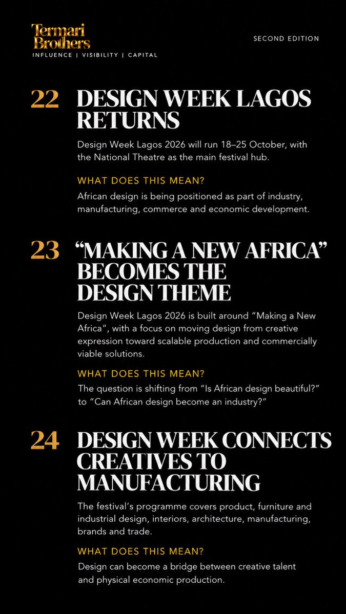 TermariBrothers's tweet photo. 60 SECONDS AROUND AFRICA — SECOND EDITION 🌍

30 stories. 8 sectors. One snapshot of the forces shaping Africa’s business landscape.

Finance. Energy. Hospitality. Entertainment. Design. Real Estate. Agriculture. Policy.

October 2, 2026.

Read the continent differently. https://t.co/vzeObtunnq