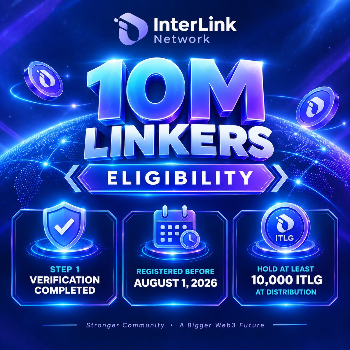kanugula1984's tweet photo. 10M Linkers Eligibility — Step 1 verification, registration before August 1, 2026, and holding at least 10,000 ITLG at distribution.#InterLink #ITLG #ITL #InterLink https://t.co/WdJlnVeZ22