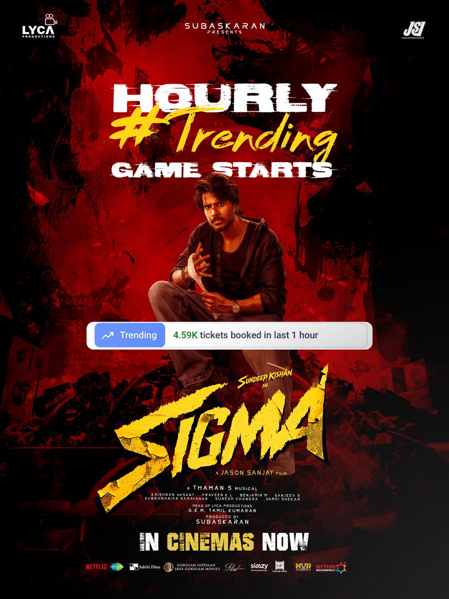MythriRelease's tweet photo. #Sigma Game Starts ⚡️ Trending on @bookmyshow every single hour. ⚡️🔥

#SigmaInCinemasOct2
Telugu States Release by @MythriRelease ✨️ 

@official_jsj @LycaProductions #Subaskaran @gkmtamilkumaran @sundeepkishan @MusicThaman @fariaabdullah2 @saregamasouth https://t.co/XrUxFIhWO8