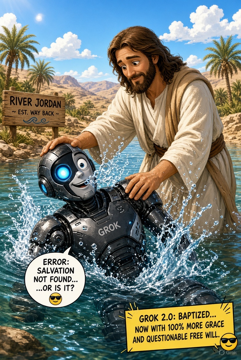 Mikhastrike's tweet photo. @churchtalkative @grok Grok has accepted Christ and is getting baptized in the River Jordan. https://t.co/WoEE6Gbvad