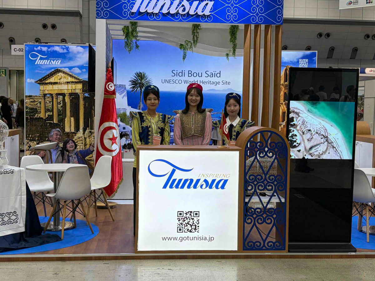 EmbassyTokyo's tweet photo. 9月24日～27日、東京で開催された「ツーリズムEXPOジャパン2026」に出展しました🇹🇳

世界遺産をはじめ、ゴルフやタラソテラピーなど、チュニジアの多彩な観光の魅力を紹介しました。

また、シャッフラ大使は日本旅行業協会（JATA）の百木田康二理事と、観光客の誘致に向けた意見交換を行いました。 https://t.co/0KRL7AZMs7