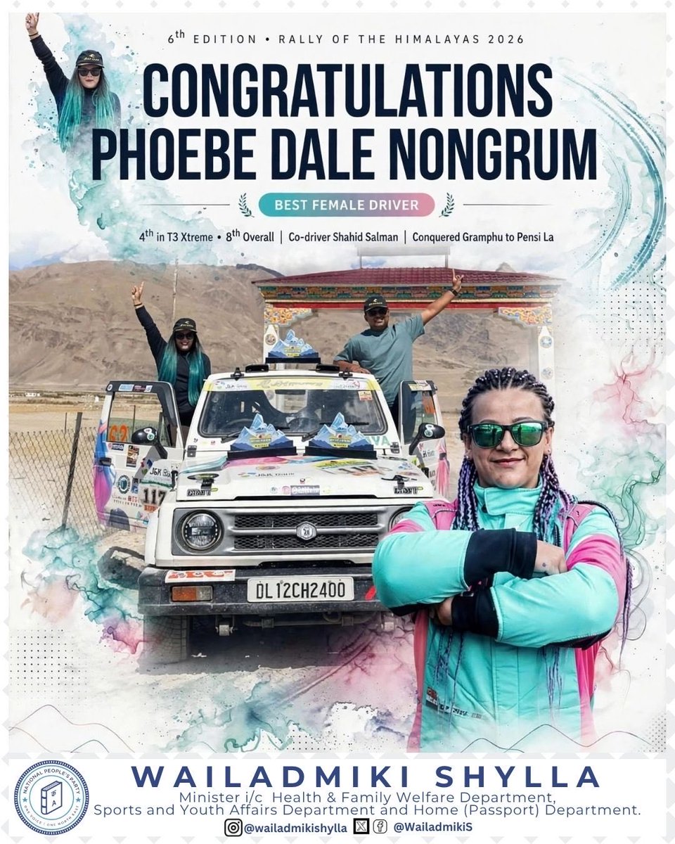 WailadmikiS's tweet photo. Heartiest congratulations to Phoebe Dale Nongrum on an outstanding performance at the 6th Edition of the Rally of the Himalayas 2026. Completing a demanding four-day rally through challenging high-altitude terrain, snowfall and mechanical setbacks is a remarkable achievement.

Winning the Best Female Driver title while finishing 4th in T3 Xtreme and 8th Overall is a testament to Phoebe’s skill, determination and resilience. It is inspiring to see a daughter of Meghalaya making her mark on the national motorsport stage. I am proud of her achievement and wish her continued success in the journeys and challenges ahead.

————————————————————————

Ka jingkhublei kitbok kitrwiang ka leit sha ka Phoebe Dale Nongrum halor ka jinglah ban ïalehkai bha jong ka ha ka Rally jong ki lum Himalaya 2026 bynta ba 6. Ka Phoebe ka la lah ban pyndep ïa ka jingïakop ñiah kali kaba saw sngi kynthih lyngba ki jaka kynjang, ka jinghap ïor bad ki jingeh ha ka jingthut jong ki kor ki bor jong ka kali, kaba long shisha ka jingjop kaba khraw.

Ka Phoebe ka la ïoh rah ïa ka nam Best Female Driver ha kaba ka la lah ruh ban pyndep ha ka kyrdan ba saw ha ka T3 Xtreme bad  kyrdan ba phra ha baroh ki jingïakhun, kaba long ruh ka sakhi jong ka jingtbit, ka jingkut jingmut bad ka jingïaishah jong ka. Ka long shisha kaba sngewïoh mynsiem ban ïohi ïa ka khun kynthei jong ka Meghalaya ba kan lah ban poi sha ka thong ha ki rynsan ñiah kali jong ka ri. Nga sngewsarong na ka bynta ka jingjop jong ka bad nga ai khublei kitbok kitrwiang ba kan nangïai bteng ban kiew shaphrang ha ki jingïaid lynti jong ka.

#NationalPeopleParty #Meghalaya #Shillong #WailadmikiShylla