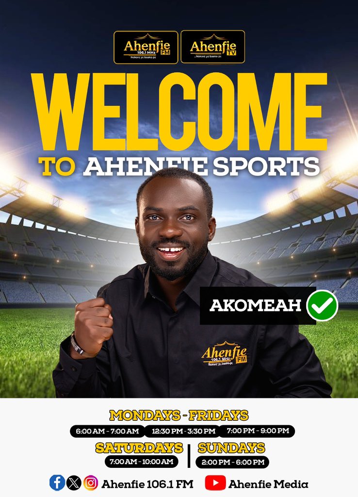 Ahenfie1061fm's tweet photo. We are thrilled to introduce the top-tier sports team powering your airwaves on Ahenfie 106.1 FM & Ahenfie TV!
Get ready for unrivaled sports commentary, deep match analyses, and the latest sports news across Ghana and beyond.
Akwaaba!
#AhenfieSports
@akomeahmessiah https://t.co/fH0dw8ydTN