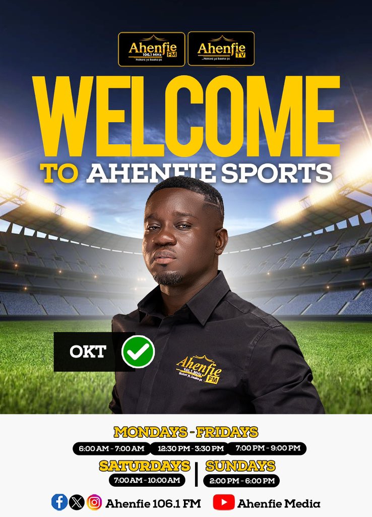 Ahenfie1061fm's tweet photo. We are thrilled to introduce the top-tier sports team powering your airwaves on Ahenfie 106.1 FM & Ahenfie TV!
Get ready for unrivaled sports commentary, deep match analyses, and the latest sports news across Ghana and beyond.
Akwaaba!
#AhenfieSports
@akomeahmessiah https://t.co/fH0dw8ydTN