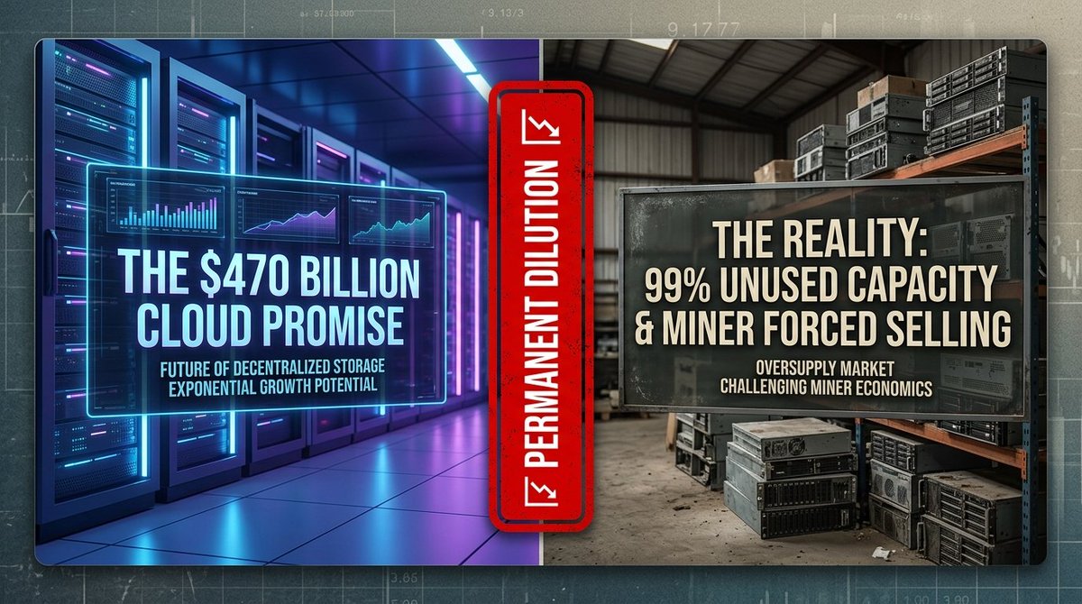 TheStrategistC's tweet photo. 2. The 99% Unused Capacity Reality 🖥️📉

Filecoin was marketed as "The decentralized AWS that will store all human knowledge."

Let's look at the real economic metrics:

• Over 95% of Filecoin's network storage capacity sits completely empty and unused.
• Customers pay virtually zero dollars to store data on decentralized networks because centralized cloud storage is subsidized.
• Total circulating supply continues to inflate as hundreds of thousands of new filecoin:native are minted every single month.

Miners are forced to immediately sell their mined filecoin:native on exchanges just to cover real-world power bills.

Permanent structural inflation + mandatory miner selling = endless downward price spiral. 👇