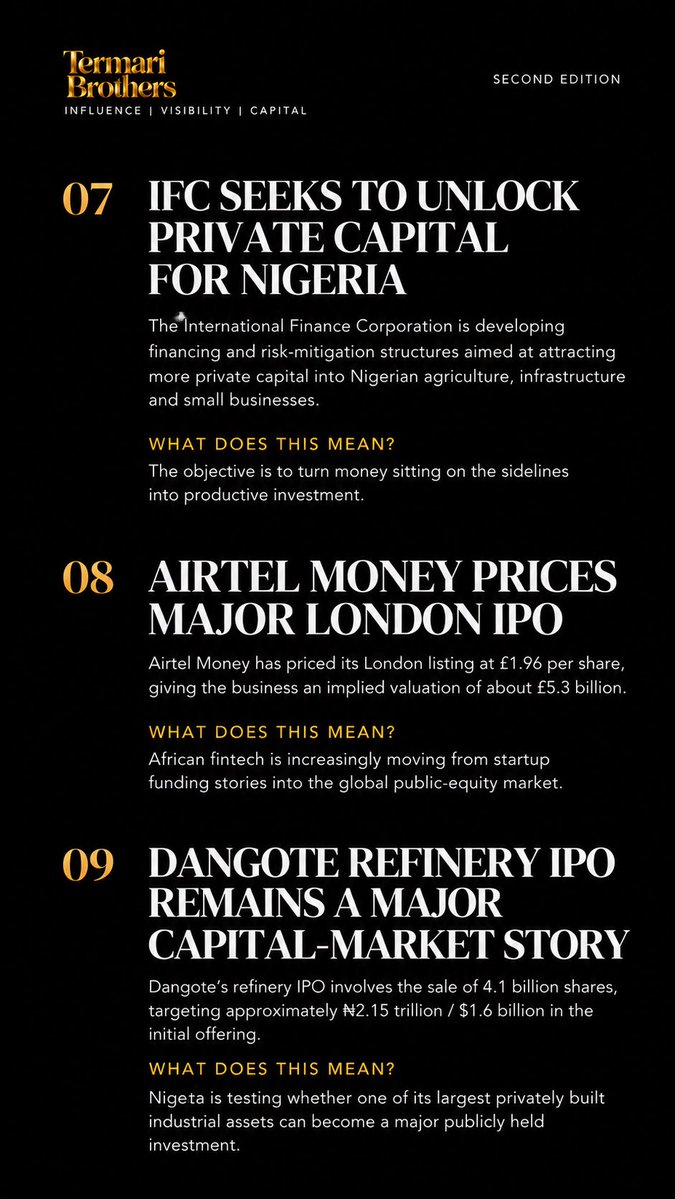 TermariBrothers's tweet photo. 60 SECONDS AROUND AFRICA — SECOND EDITION 🌍

30 stories. 8 sectors. One snapshot of the forces shaping Africa’s business landscape.

Finance. Energy. Hospitality. Entertainment. Design. Real Estate. Agriculture. Policy.

October 2, 2026.

Read the continent differently. https://t.co/ETqQe2ANP7